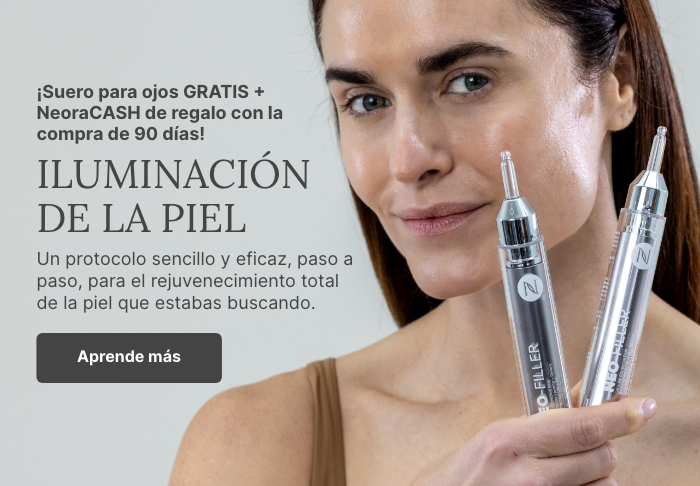 A woman holds a Neo-FILLER tube to her face. Accompanying text mentions you can more learn more about a 90-Day Skin Glow-Up.